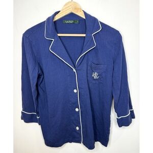 Ralph Lauren Button Up Pajama Top Shirt Women Small Blue Embroidered Logo Preppy